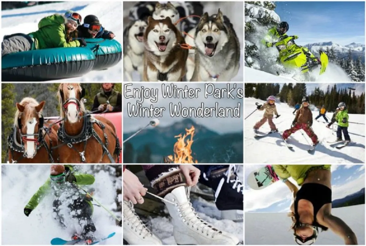 A lively winter scene featuring families and children snow tubing down snowy hills, kids building snowmen and playing in the snow, a bonfire area where people warm up and socialize, and husky sledding in the background. The setting is festive and energetic, capturing the excitement of winter activities.