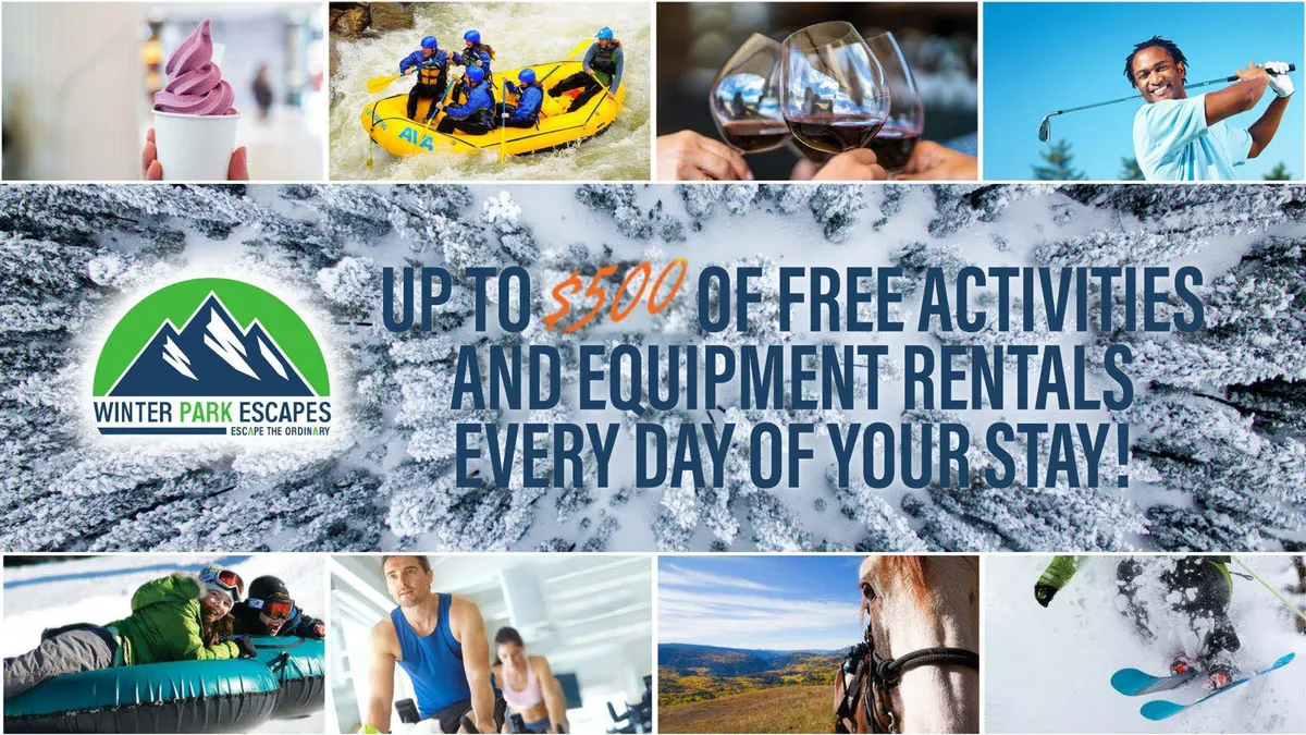 A vibrant collage of outdoor adventure activities, including white-water rafting, skiing, wine tasting, golfing, horseback riding, ice skating, snow tubing, and scenes of a frozen mountain landscape. Participants are shown actively engaged in thrilling sports and leisure, set against breathtaking mountain and river backdrops.