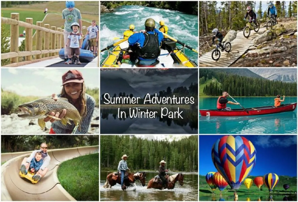 A dynamic outdoor scene in warm weather with families enjoying water sports like rafting and canoeing, biking along scenic trails, horseback riding in open meadows, and a colorful hot air balloon rising in the background. The mood is joyful, adventurous, and inclusive of all ages.