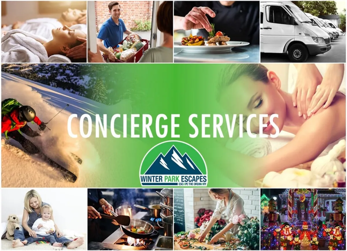 A vibrant collage-style interior image featuring various resort and adventure activities, including skiing, spa services, family meals, and event planning. The scene conveys an active, welcoming atmosphere full of energy and possibilities.